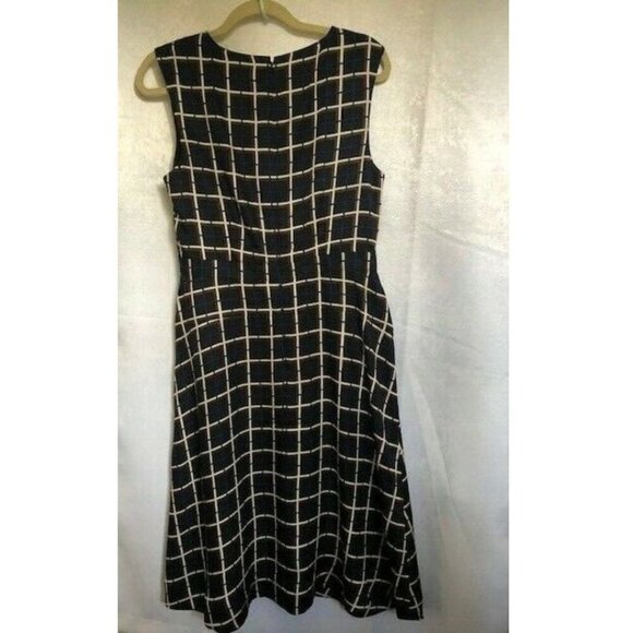 J Crew Silk Dress 10 Black Sleeveless A-Line Flare Knee Length Windowpane - Picture 5 of 11